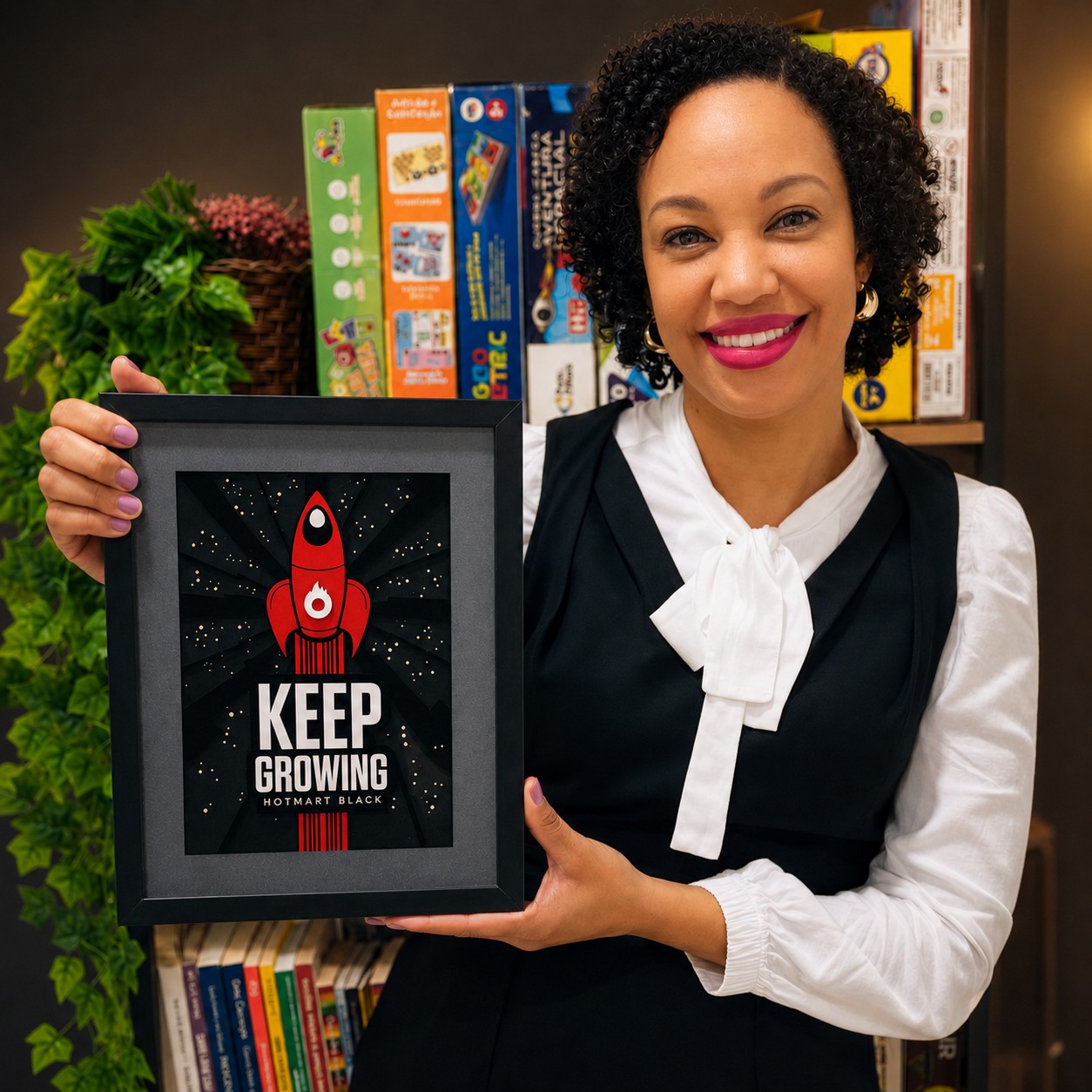 Professora segurando a placa Hotmart Black